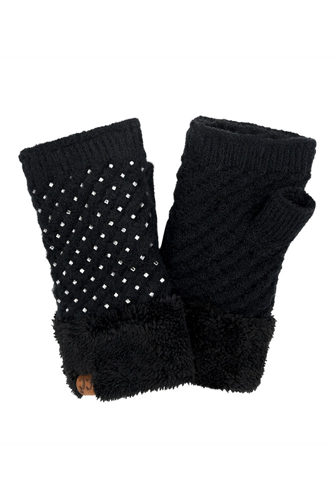 Women's Rhinestone Fingerless Glove in Black