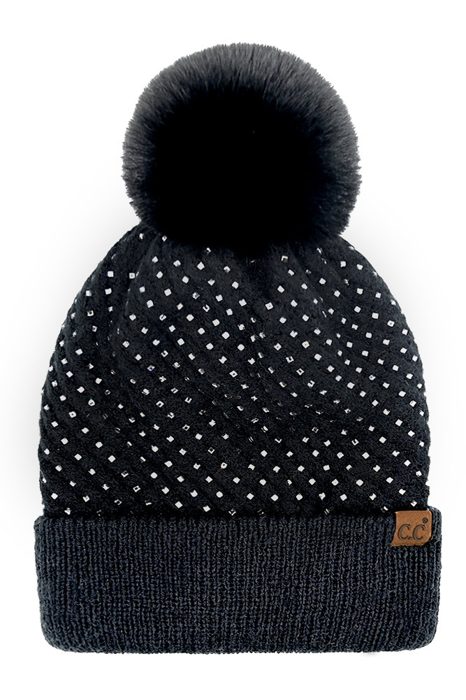 Women's Allover Rhinestone Pom Beanie in Black