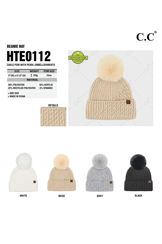 Women's Cable Pom with Pearl Embellishments Beanie — beanie photo 2