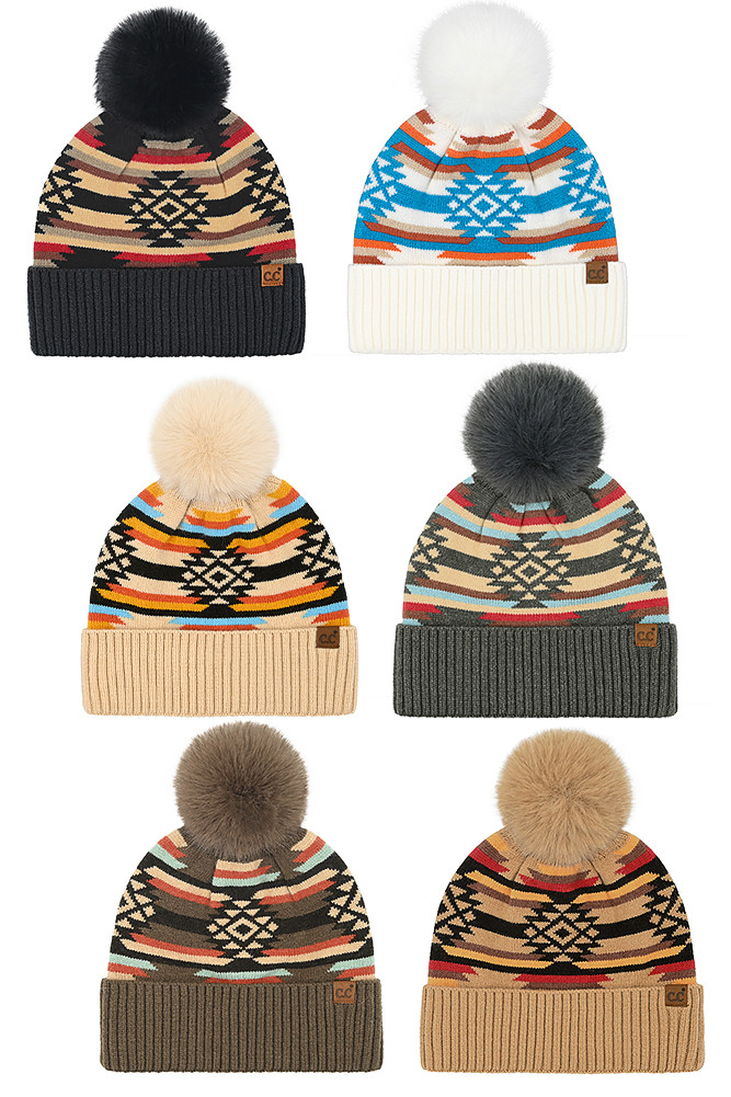 Women's Aztec Pattern Pom Cuff Beanie by BURACQ