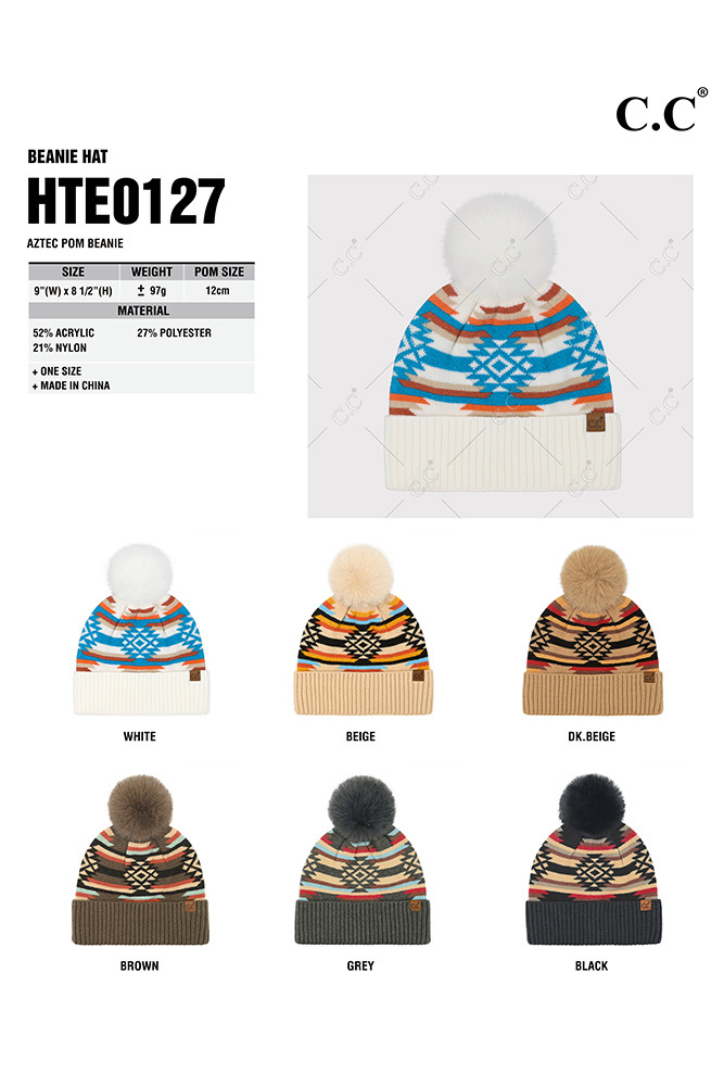 Women's Aztec Pattern Pom Cuff Beanie — beanie photo 2