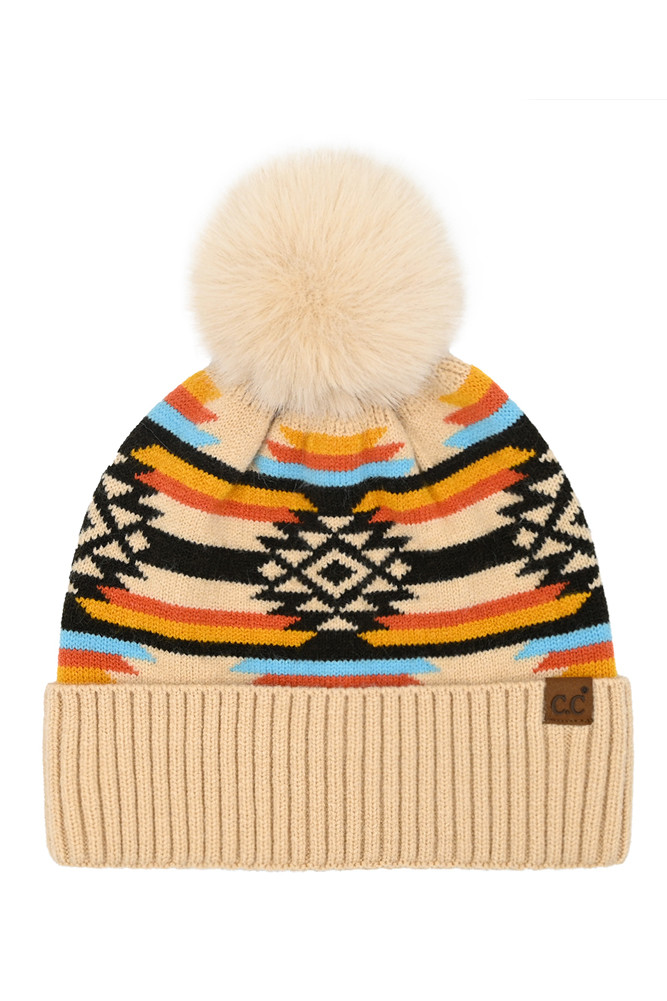 Women's Aztec Pattern Pom Cuff Beanie in Beige