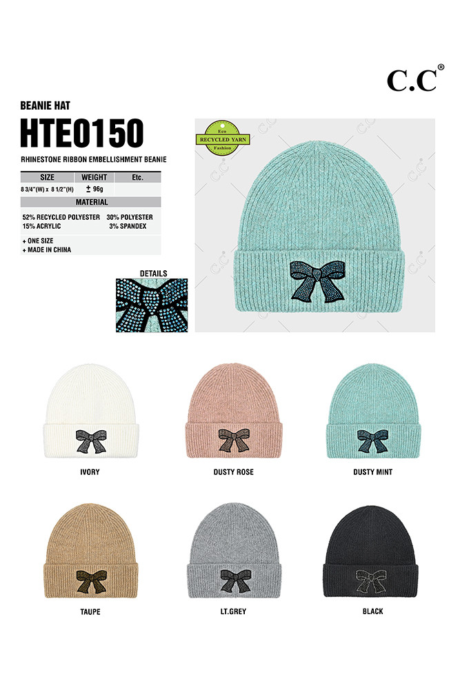 Women's Rhinestone Ribbon Embellishment Beanie — beanie photo 2