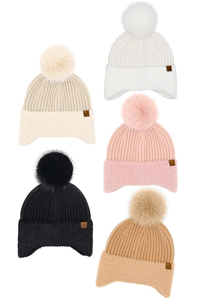 Women's Fur Earflap Pom Beanie Winter Hat by BURACQ