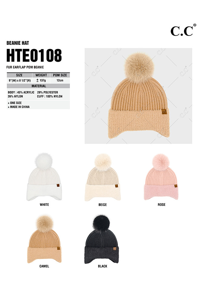 Women's Fur Earflap Pom Beanie Winter Hat — beanie photo 2