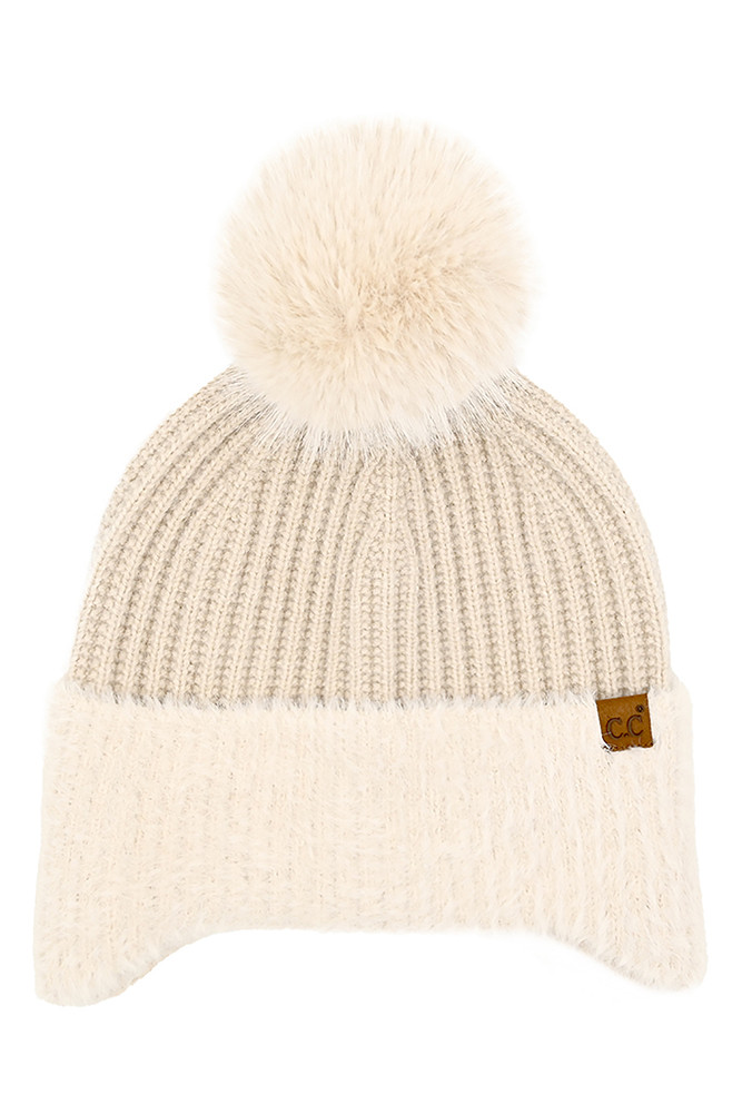 Women's Fur Earflap Pom Beanie Winter Hat in Beige