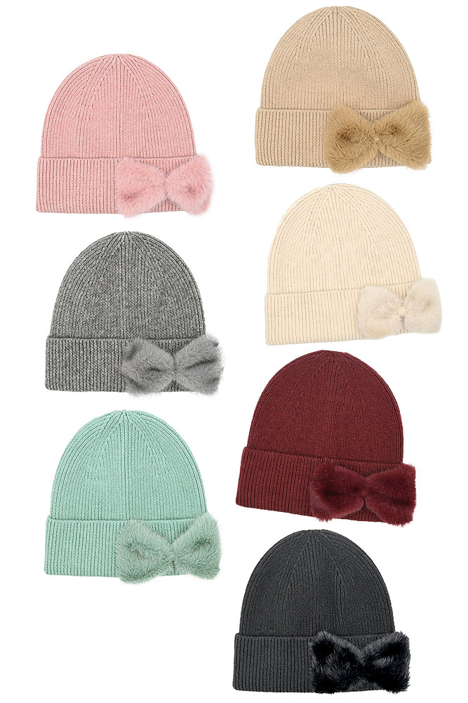 Women's Faux Fur Solid Bow Beanie Winter Hat by BURACQ