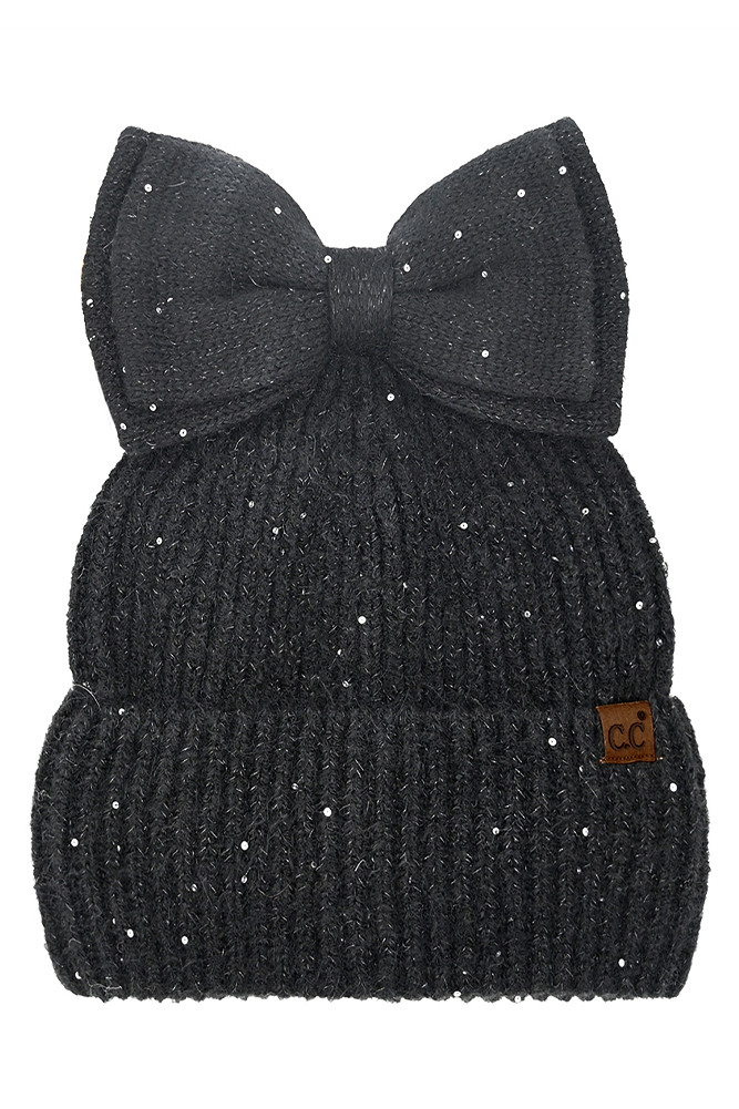 Women's Messy Bun Bow Beanie with Sequins Winter Hat in Black