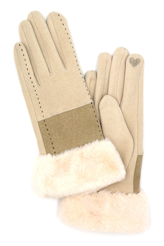 Women's Two-Tone and Stitch Lines Faux Fur Gloves in Beige