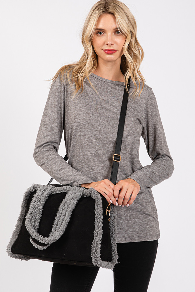 Women's Fleece Trimmed Solid Tote and Crossbody Bag in Black