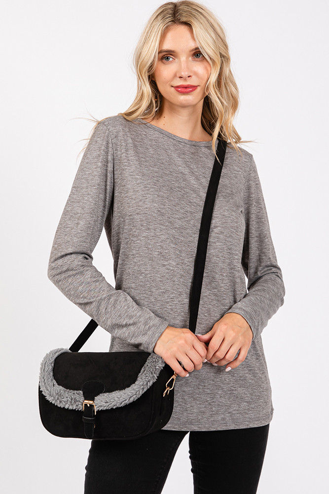 Women's Fleece Trimmed Solid Tote and Crossbody Bag in Black