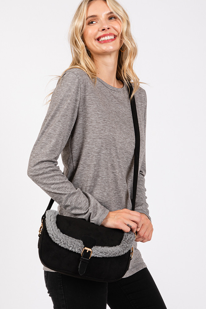 Women's Fleece Trimmed Solid Tote and Crossbody Bag in Black
