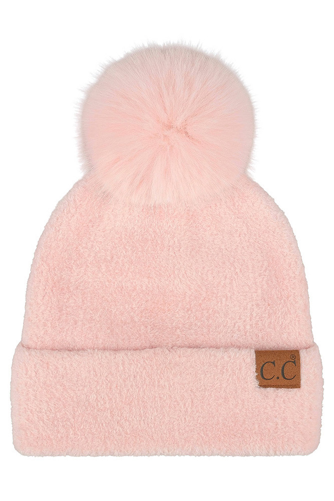 Women's Plush Terry Chenille Pom Beanie Winter Hat in Barbie Pink