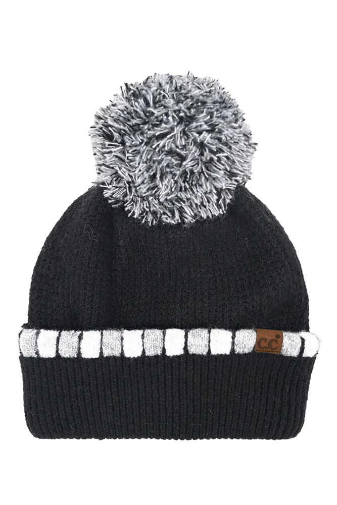 Women's Neutral Horizontal Stripe Cuffed Pom Beanie in Black