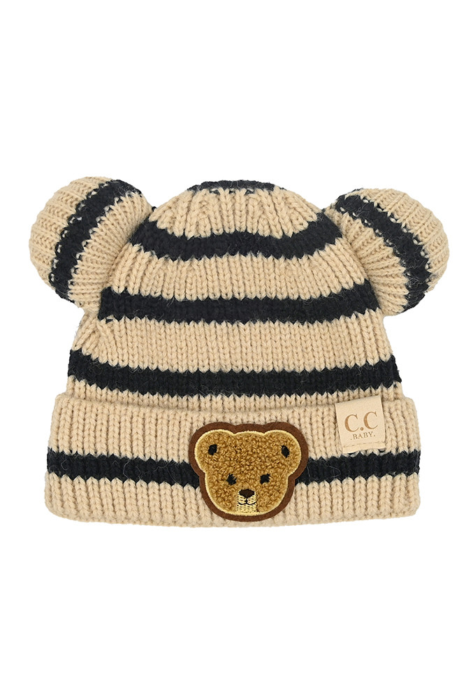 Baby Stripe Teddy Bear Beanie Winter Hat in Beige