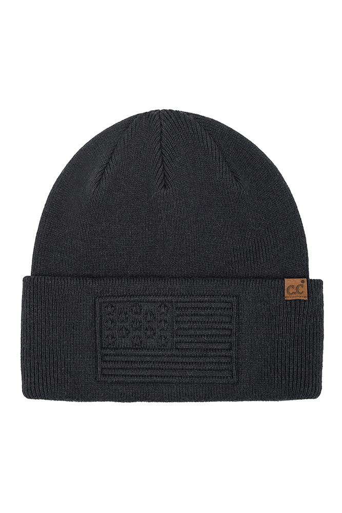 Women's 3D Emboss American Flag Beanie Winter Hat in Black
