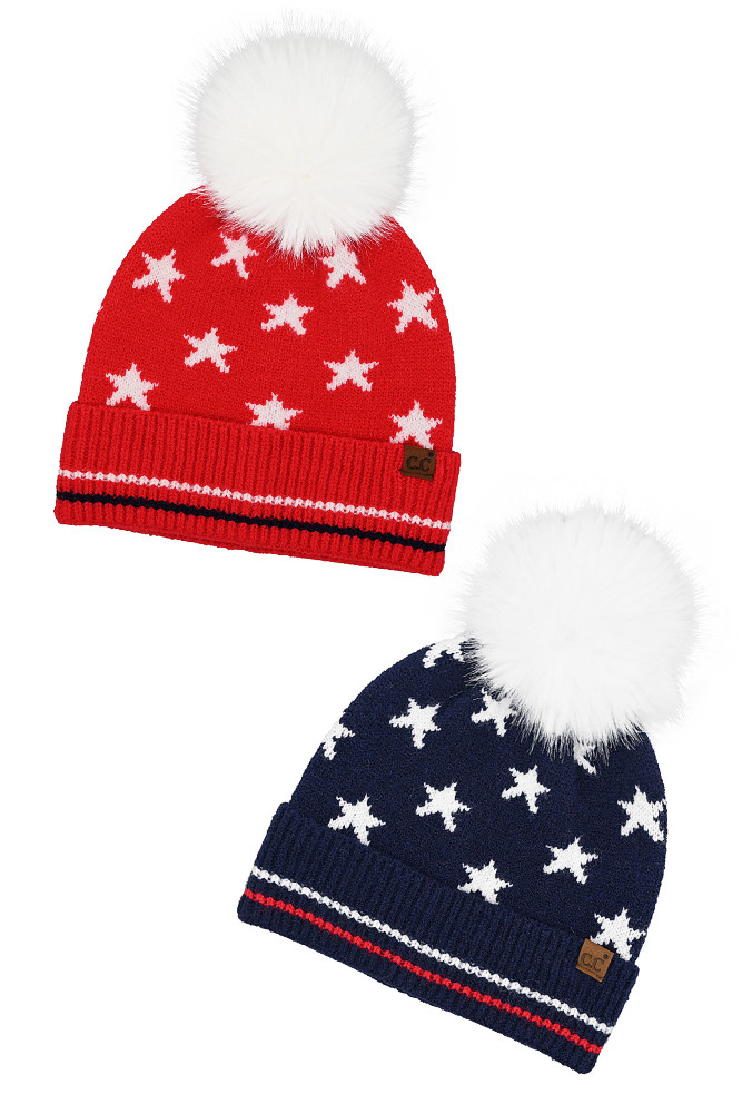 Women's All Over Star and Stripe American Flag Pom Beanie by BURACQ