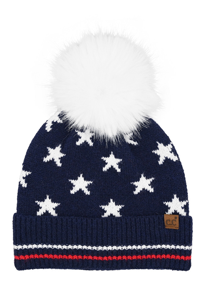 Women's All Over Star and Stripe American Flag Pom Beanie in Navy