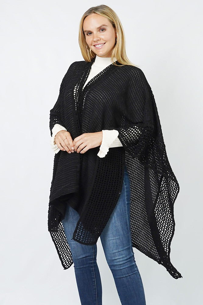 Women's Solid Textured Knit Winter Cape Ruana in Black