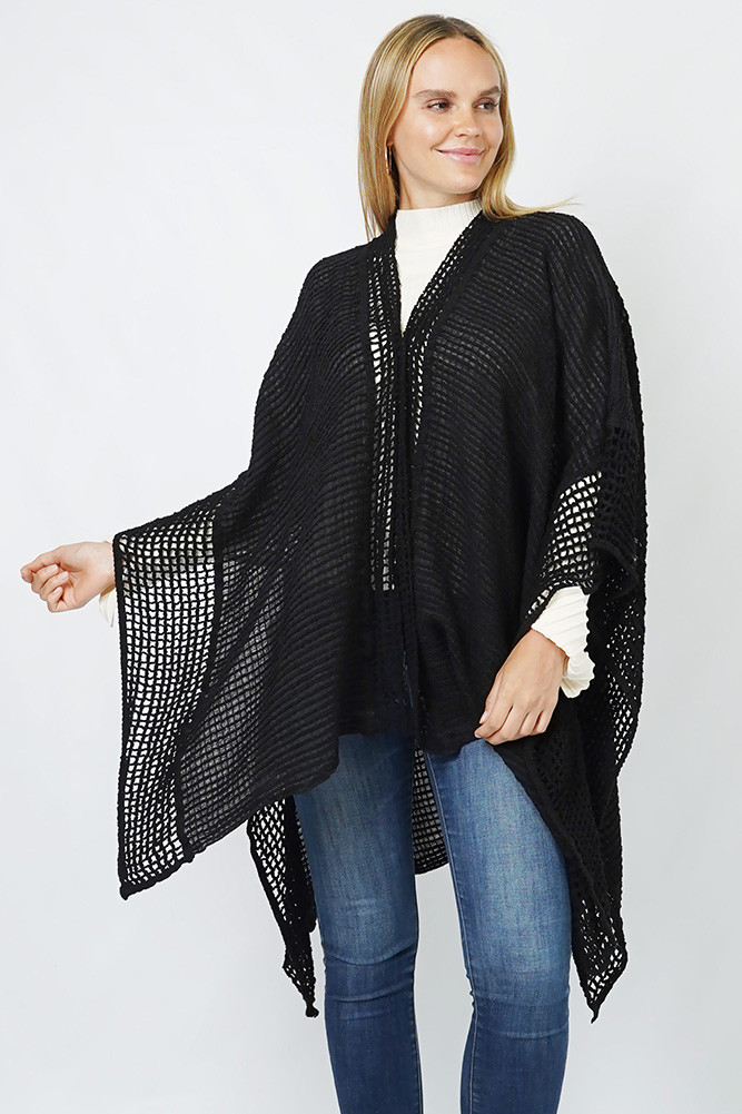 Women's Solid Textured Knit Winter Cape Ruana in Black
