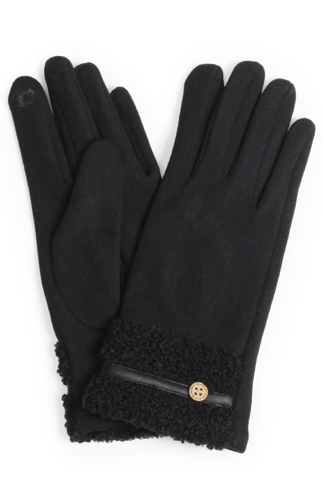 Women's Teddy Strip with Button Trim Fur Cuff Gloves in Black