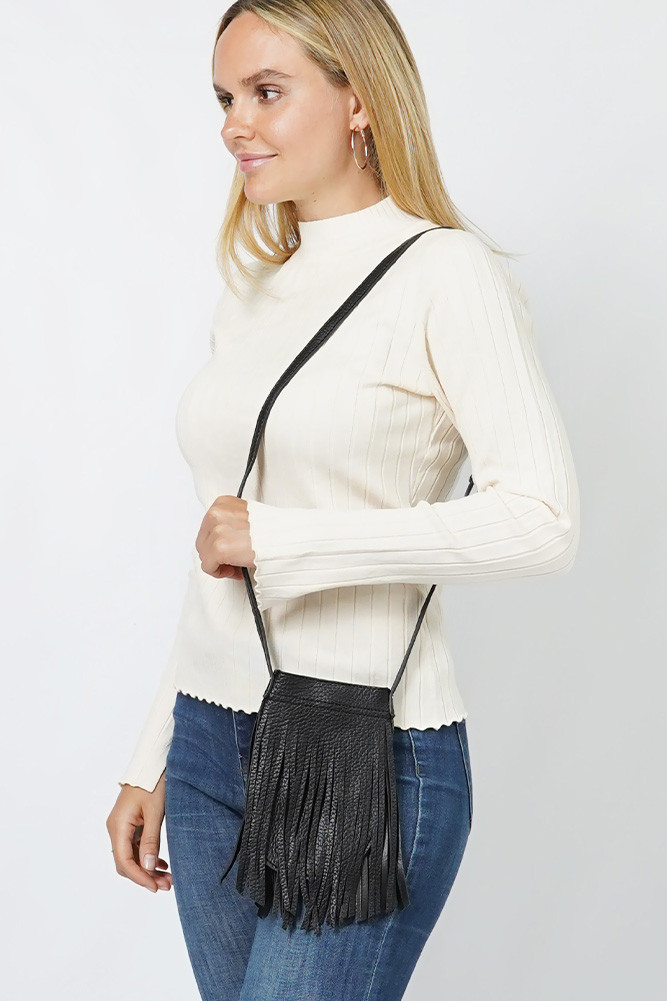 Women's Fringe Mini Crossbody Bag in Black