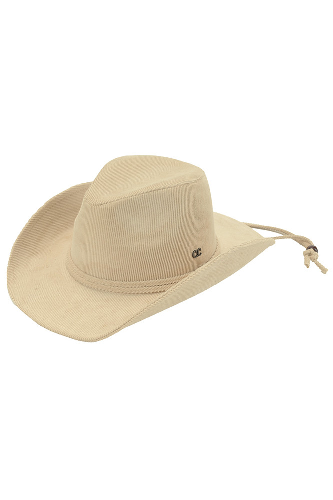 Women's Chin Straps Corduroy Cowboy Hat in Beige