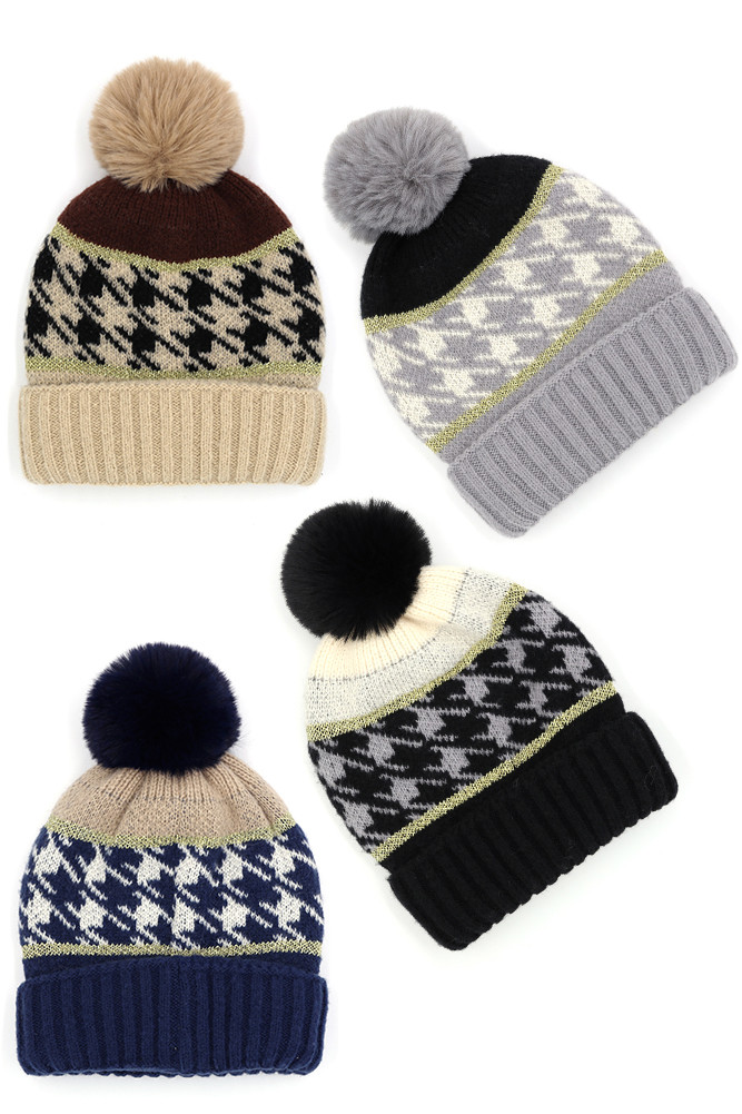 Women's Houndstooth Pom Pom Beanie by BURACQ