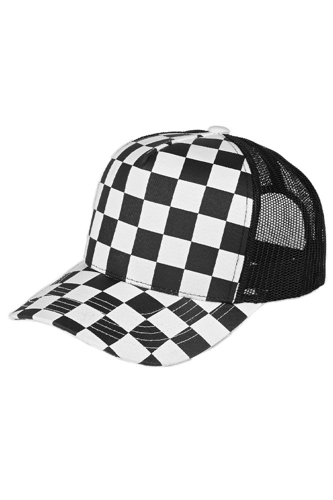 Women's Black/White Race Checkered Mesh Trucker Cap in Black White by BURACQ