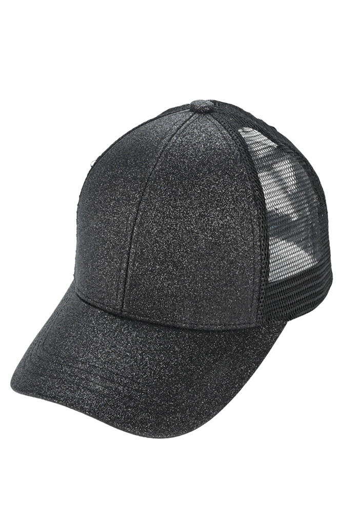 Women's Glitter Mesh Back Criss-Cross Ponytail Cap in Black