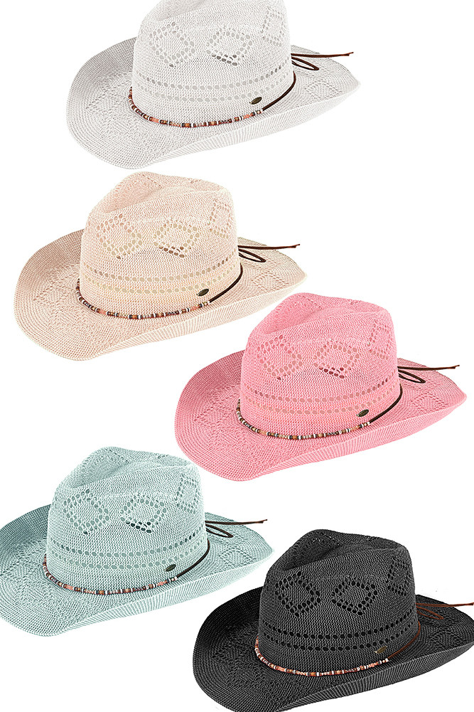 Women's Beaded Charm Trim Woven Cowboy Hat by BURACQ