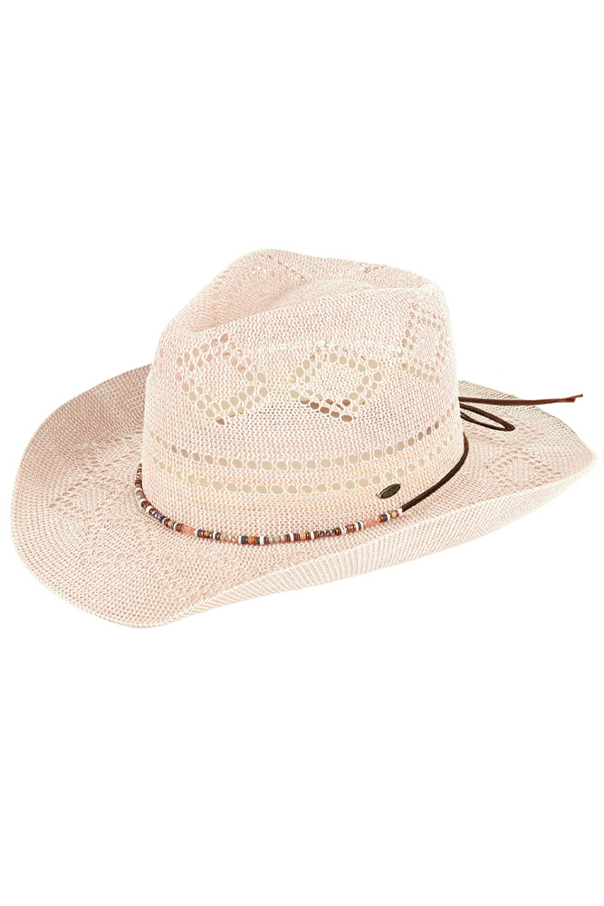 Women's Beaded Charm Trim Woven Cowboy Hat in Beige