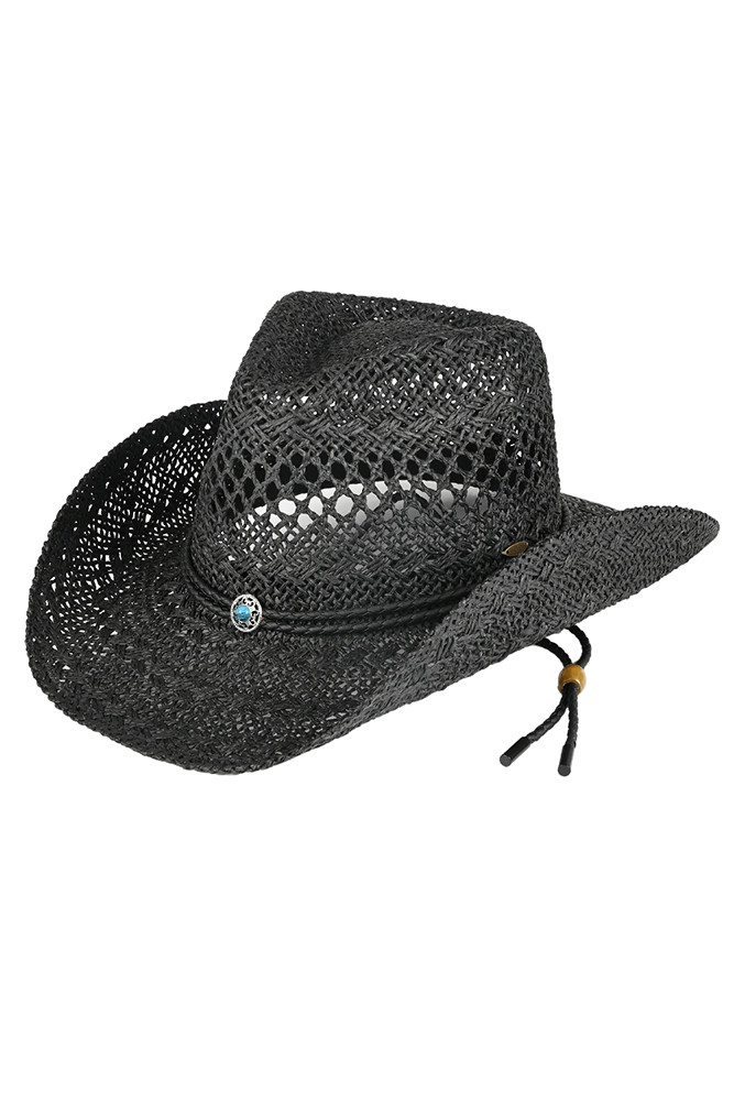 Women's Paper Weave Cowboy Hat with Turquoise in Black