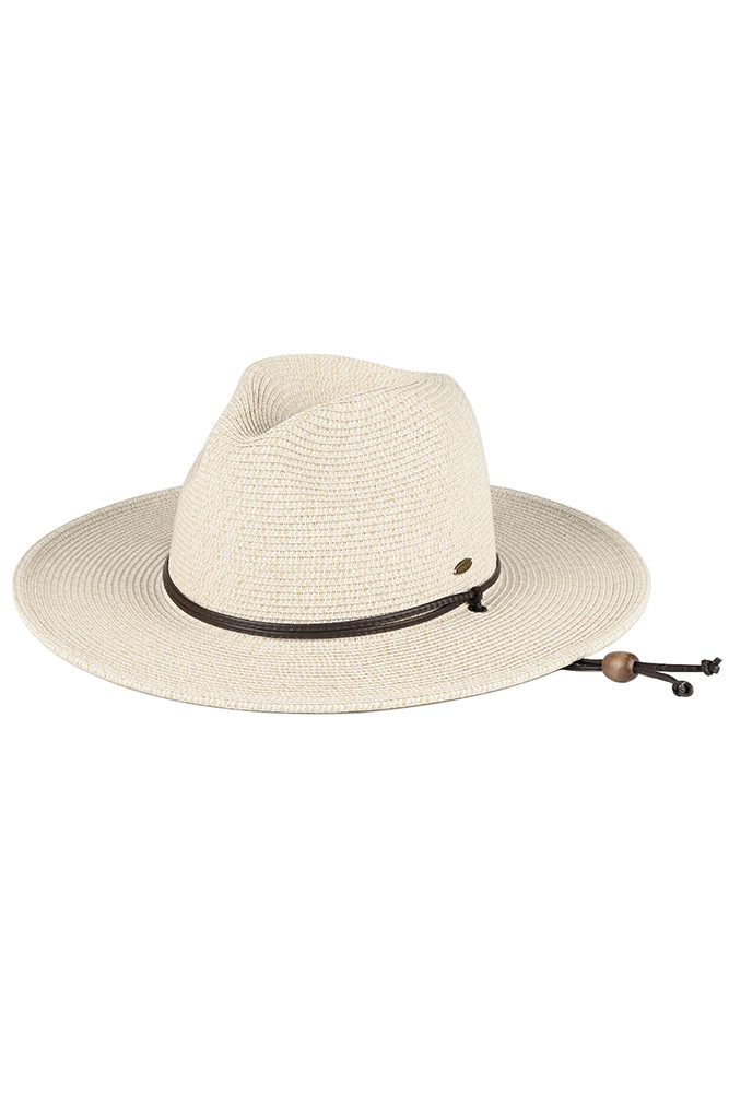 Women's Straw Panama Sun Hat with Chin Strap in Beige
