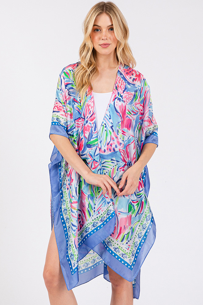 Women's Floral Flower Pattern Silky Feel Summer Kimono in Blue