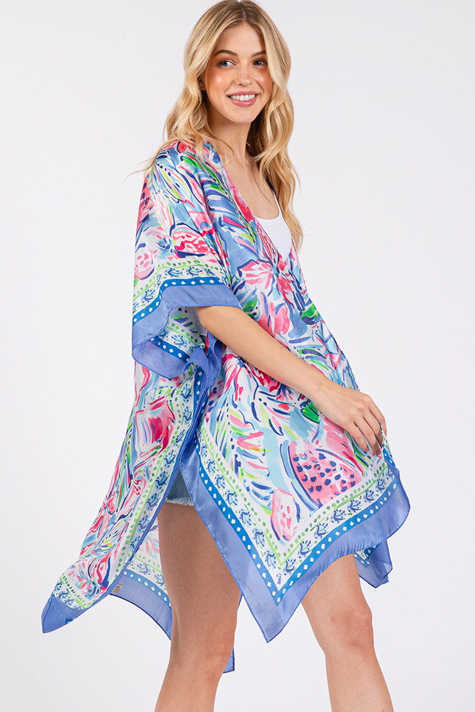 Women's Floral Flower Pattern Silky Feel Summer Kimono in Blue