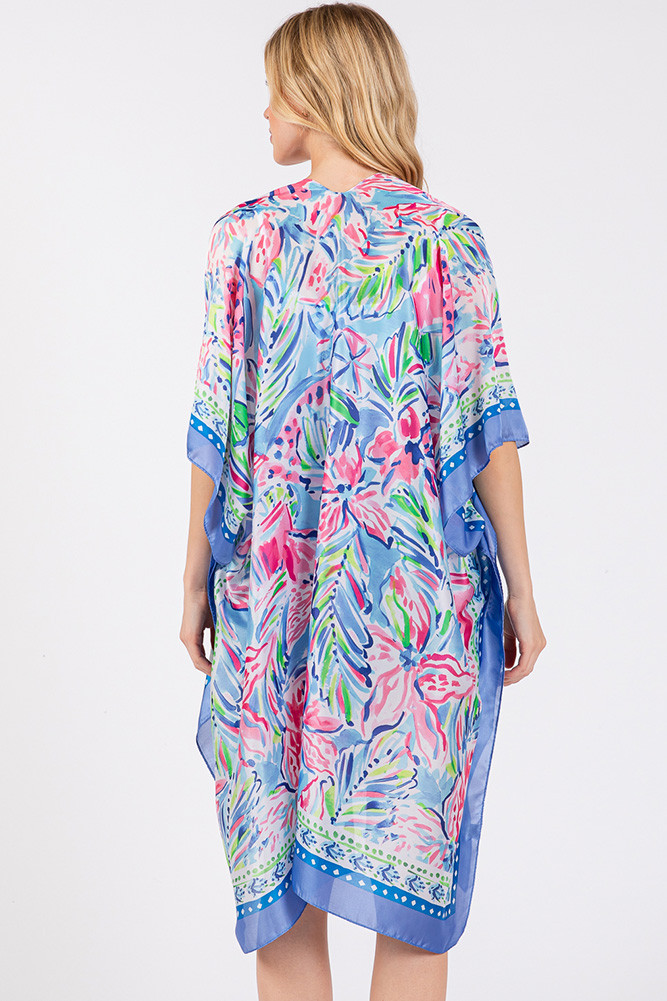 Women's Floral Flower Pattern Silky Feel Summer Kimono in Blue