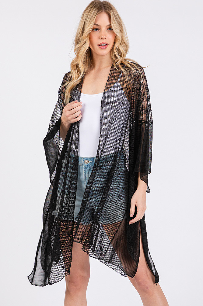 Women's Embellished Sequin Solid Mesh Summer Cover-Up in Black