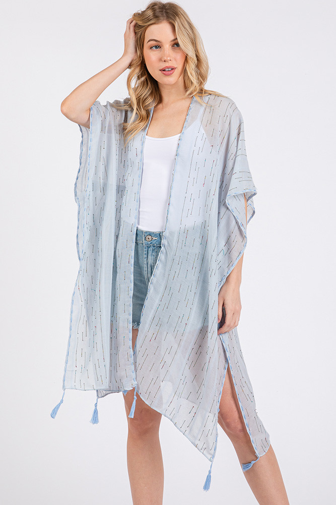 Women's Colored Stitch Trim and Tassel Summer Kimono in Blue
