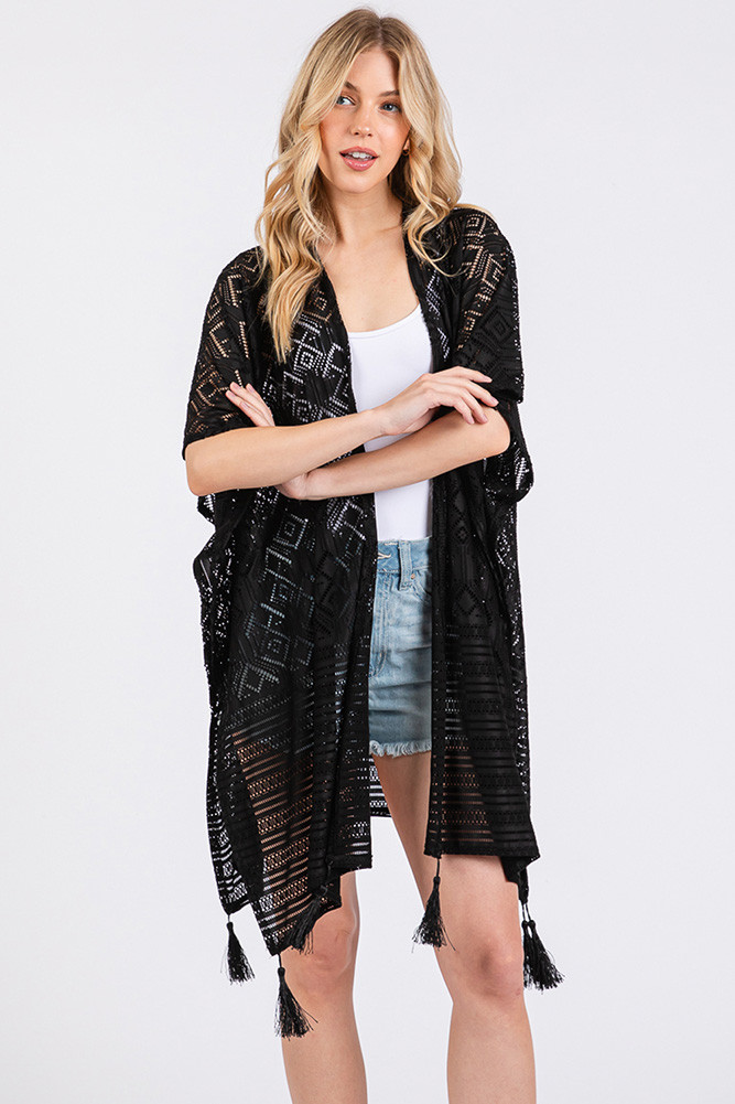 Women's Geometric Pattern with Tassel Solid Cover-Up in Black