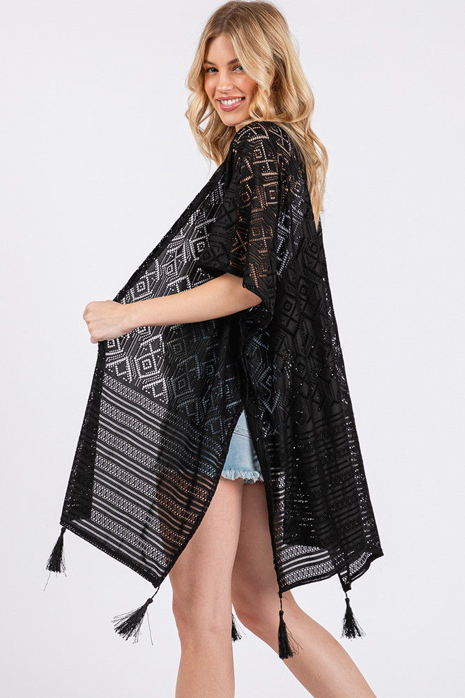 Women's Geometric Pattern with Tassel Solid Cover-Up in Black