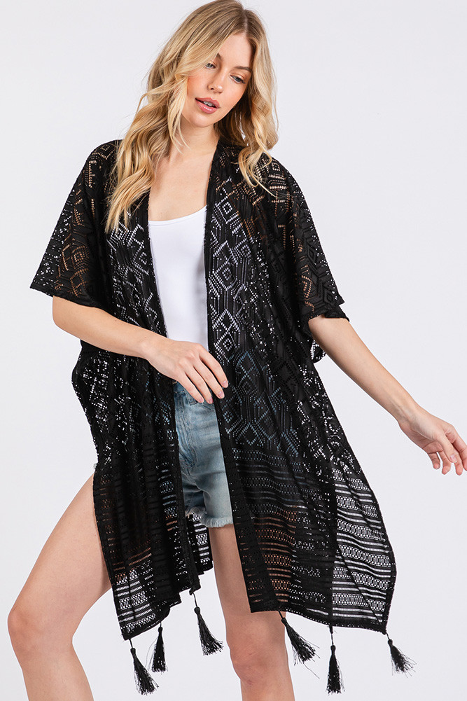 Women's Geometric Pattern with Tassel Solid Cover-Up in Black