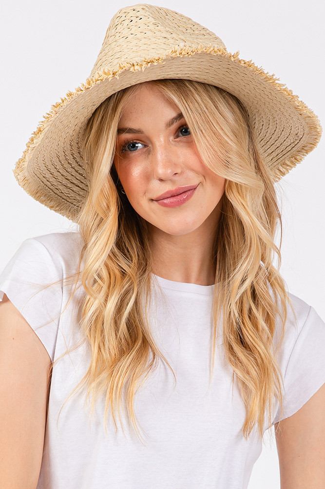 Women's Braided Starfish Band Frayed Straw Summer Sun Hat in Beige