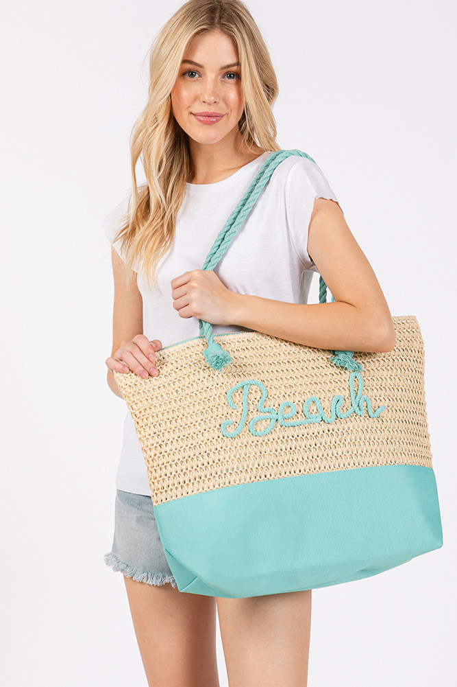 Women's Beach Letter Color Sewn Rope and Crochet Strap Bag in Blue
