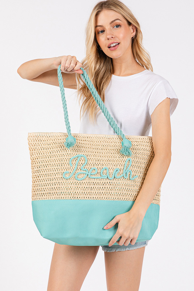 Women's Beach Letter Color Sewn Rope and Crochet Strap Bag in Blue