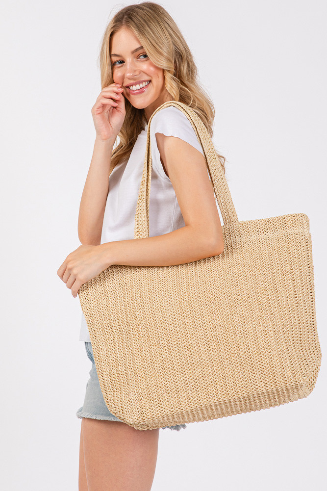 Women's Solid Crochet Summer Straw Tote Bag in Beige