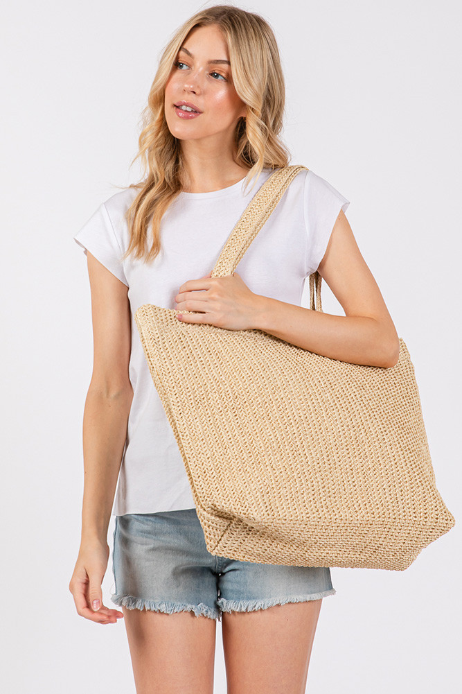 Women's Solid Crochet Summer Straw Tote Bag in Beige