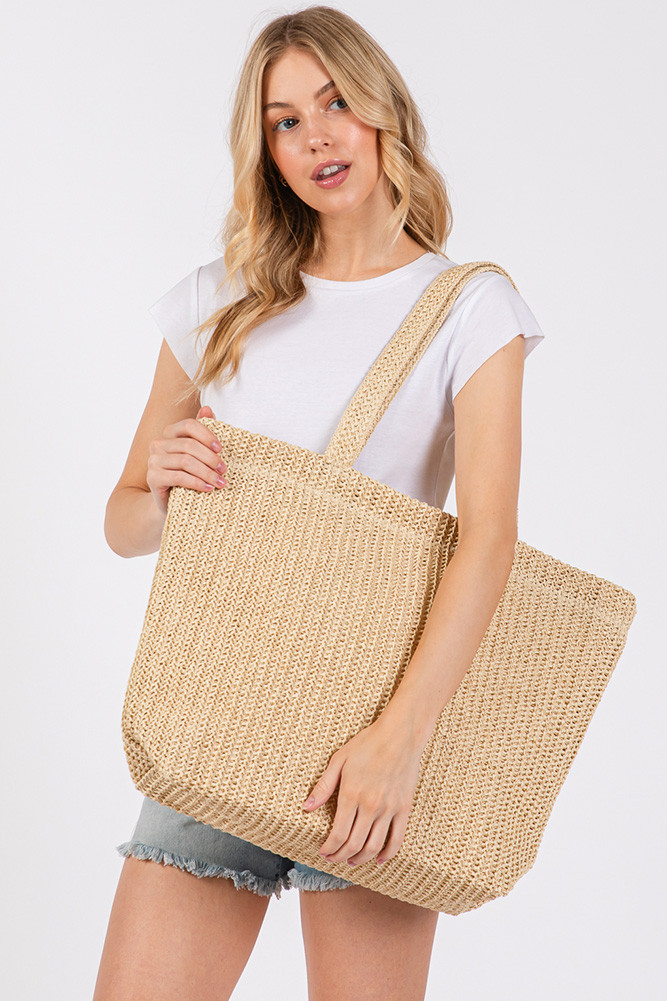 Women's Solid Crochet Summer Straw Tote Bag in Beige