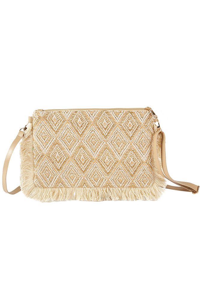 Women's Diamond Aztec Pattern Checker Tassel Crossbody Bag in Beige