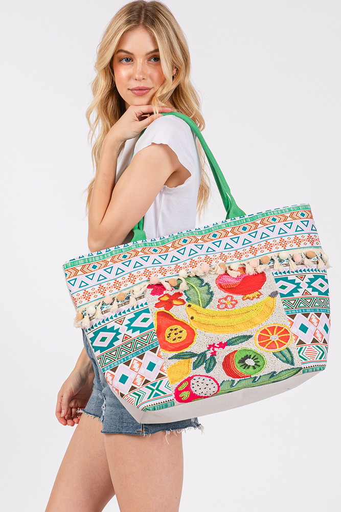 Women's Fruits and Bead Print Aztec Pom Pom Tote Bag by BURACQ